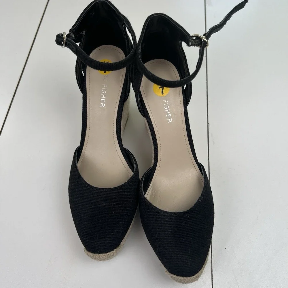 Marc Fisher Canvas Espadrille Platform Wedges Teelan Black Ankle Strap Size 7